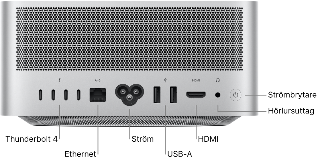 Baksidan på Mac Studio visar fyra Thunderbolt 4 (USB-C)-portar, Gigabit Ethernet-porten, strömporten, två USB-A-portar, HDMI-porten, 3,5 mm hörlursuttag och strömbrytaren.