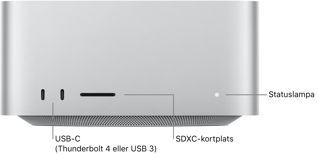 Framsidan på Mac Studio med två USB-C-portar, SDXC-kortplatsen och statuslampan.