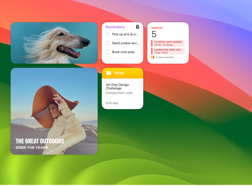 Två bildwidgetar och en påminnelsewidget på ett Mac-skrivbord.