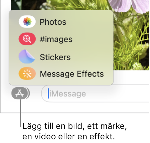 Appmenyn med alternativ för att visa bilder, märken, GIF-filer och meddelandeeffekter.