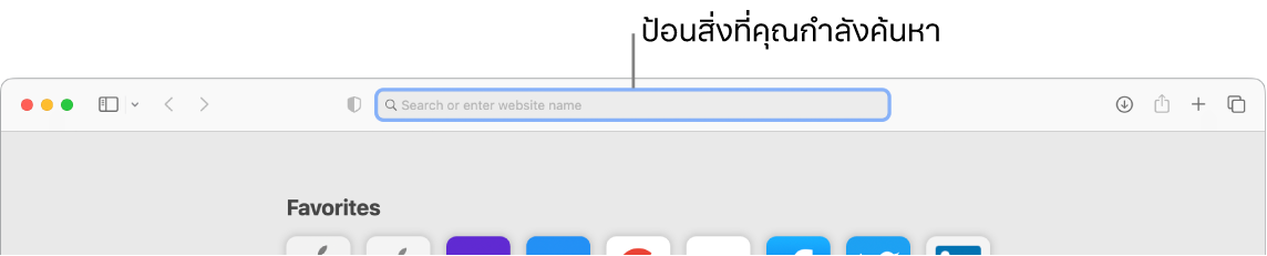 หน้าต่าง Safari ที่ถูกครอบตัดซึ่งมีตัวชี้บรรยายไปยังช่องค้นหาที่ด้านบนสุดของหน้าต่าง