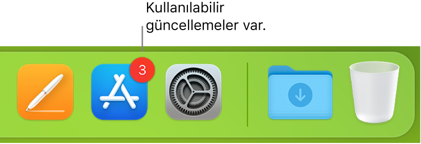 App Store simgesini kullanılabilir güncellemeler olduğunu belirten bir işaretle gösteren Dock’ın bir kısmı.