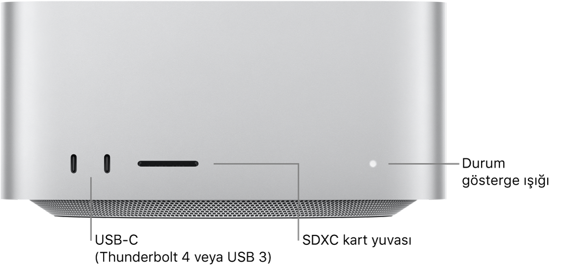 Mac Studio’nun iki USB-C kapısının, SDXC kart yuvasının ve durum göstergesi ışığının görüldüğü ön kısmı.