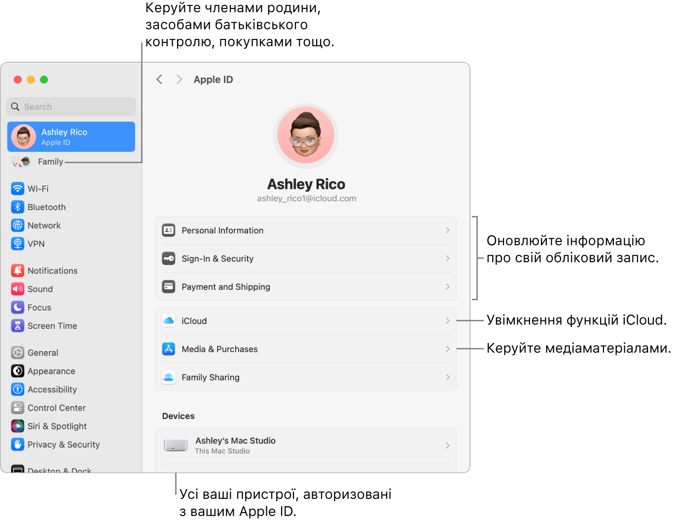 Параметри Apple ID в системних параметрах з виносками для оновлення інформації про обліковий запис, увімкнення і вимкнення функцій iCloud, керування обліковими записами в соцмережах, а також розділ «Родина», в якому можна керувати учасниками родини, батьківським контролем, покупками тощо.