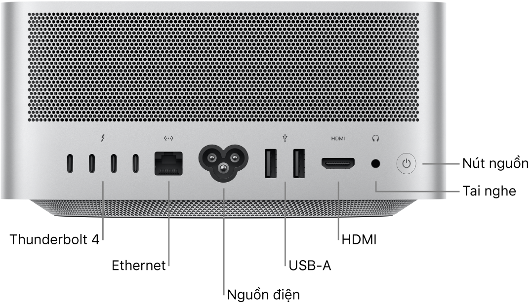 Mặt sau của Mac Studio đang hiển thị bốn cổng Thunderbolt 4 (USB-C), cổng Gigabit Ethernet, cổng nguồn, hai cổng USB-A, cổng HDMI, giắc cắm tai nghe 3,5 mm và nút nguồn.