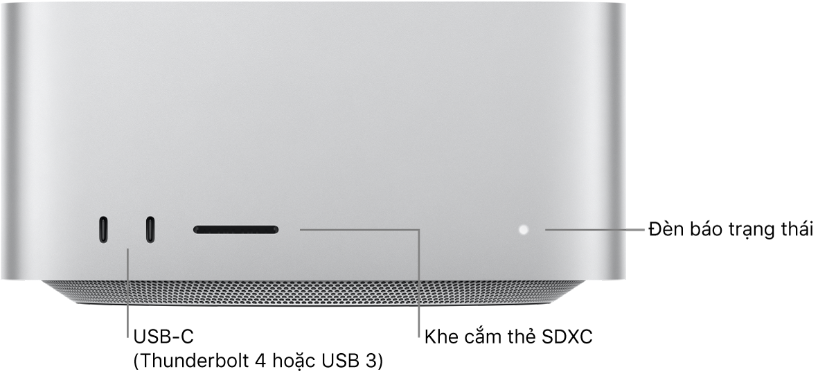 Mặt trước của Mac Studio đang hiển thị hai cổng USB-C, khe cắm thẻ SDXC và đèn báo trạng thái.