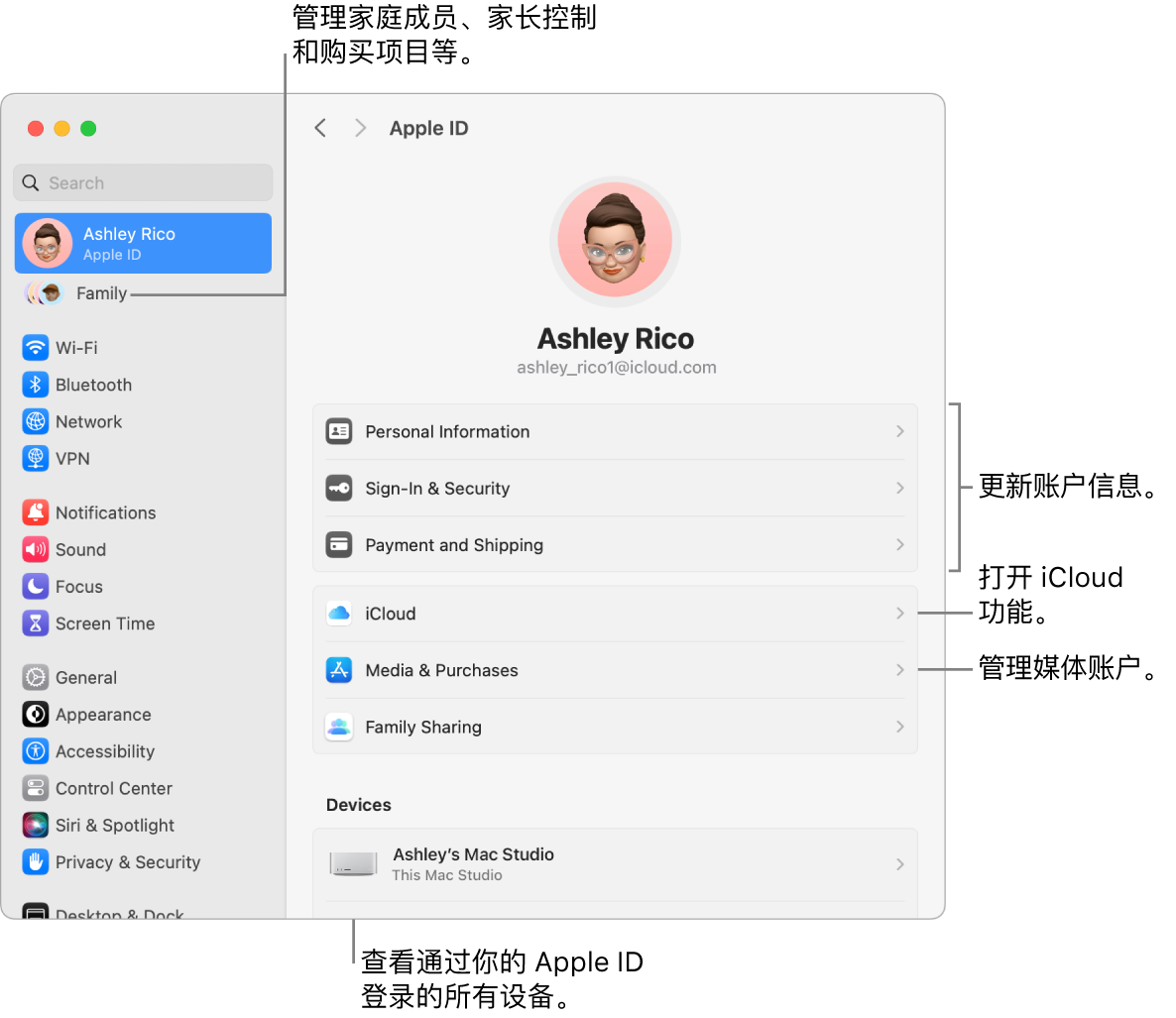 “系统设置”中的 Apple ID 设置，包含更新账户信息、打开或关闭 iCloud 功能、管理媒体账户和“家人共享”（可在其中管理家庭成员、家长控制和购买项目等等）的标注。