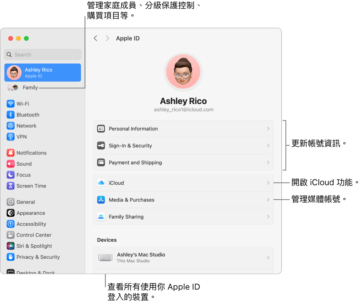 「系統設定」中的 Apple ID 設定包含更新帳號資訊、開啟或關閉 iCloud 功能、管理媒體帳號以及可管理家庭成員、分級保護控制、購買項目和更多內容的「家人共享」的說明框。