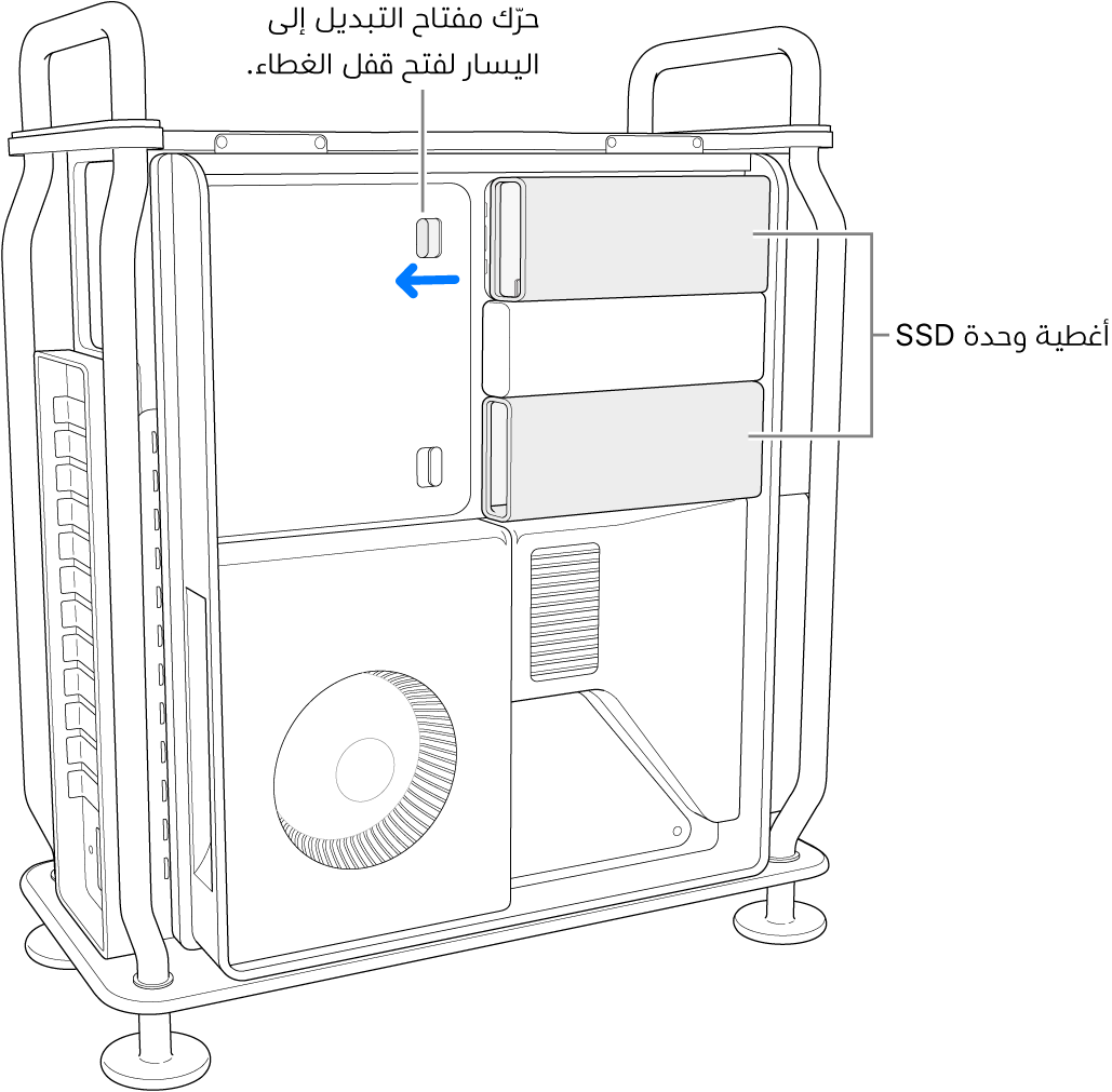 يتم تحريك مفتاح التبديل إلى اليسار لفتح قفل غطاء SSD.