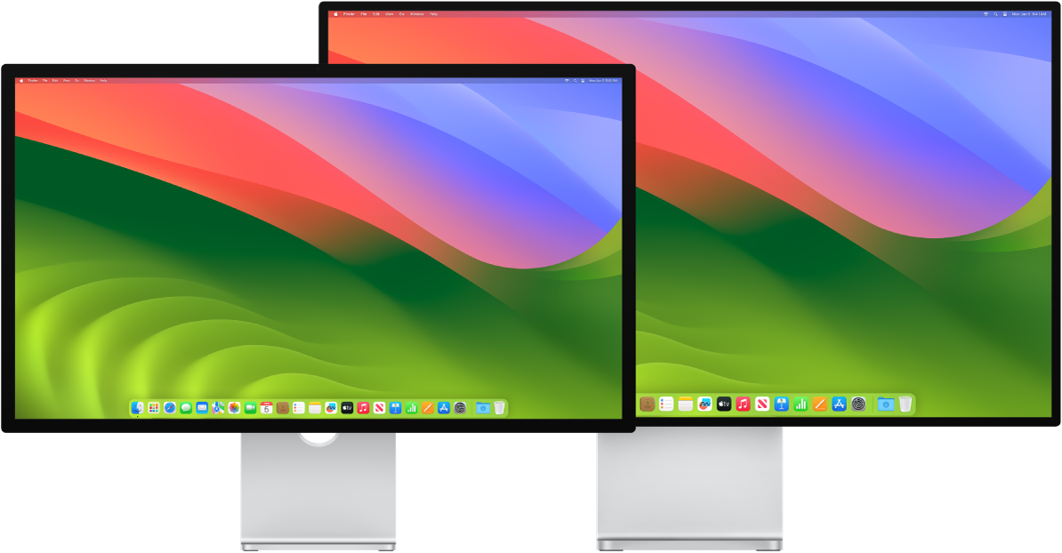 شاشة عرض استوديو وشاشة عرض Pro Display XDR يظهران جنبًا إلى جنب.