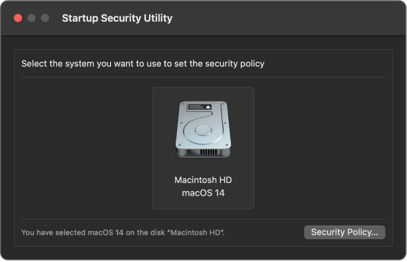 Прозорецът на Startup Security Utility (Помагало за сигурност при стартиране) е отворен и е избрано Macintosh HD с macOS 13.4.