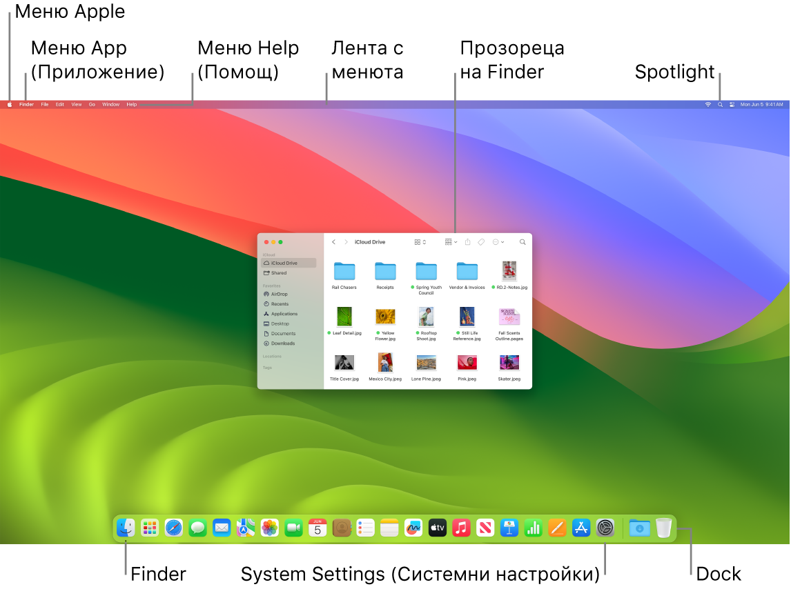Екран на Mac, който показва меню Apple, менюто за приложения, менюто Help (Помощ), лентата с менюта, прозорец на Finder, иконката на Spotlight, иконката на Finder, иконката на System Settings (Системни насреойки) и лентата Dock.