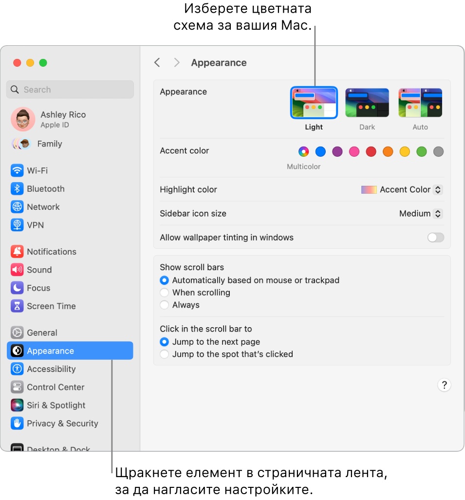 Настройки за Appearance (Изглед) в System Settings (Системни настройки).