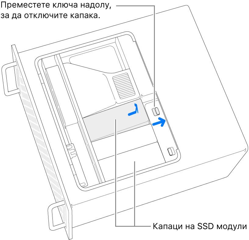Превключвателят се премества надясно, за да отключи капака на SSD модула.