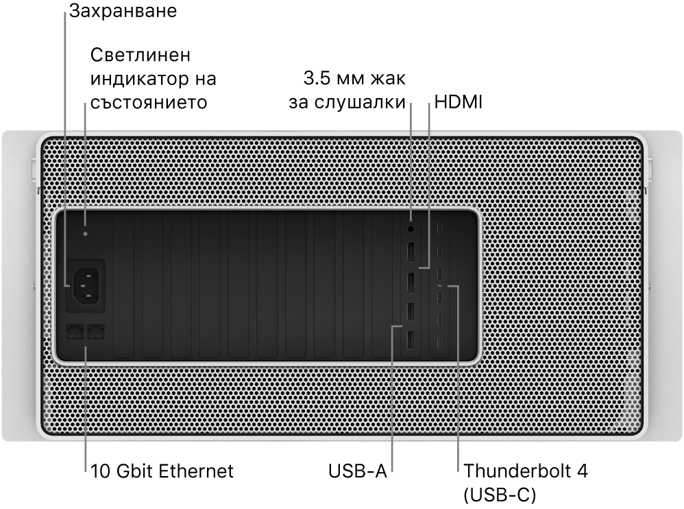 Изглед отзад на Mac Pro, който показва порта за захранване, светлинен индикатор на състоянието, 3.5 мм жак за слушалки, два HDMI порта, шест Thunderbolt 4 (USB-C) порта, два USB-A порта и два 10 Gbit Ethernet порта.