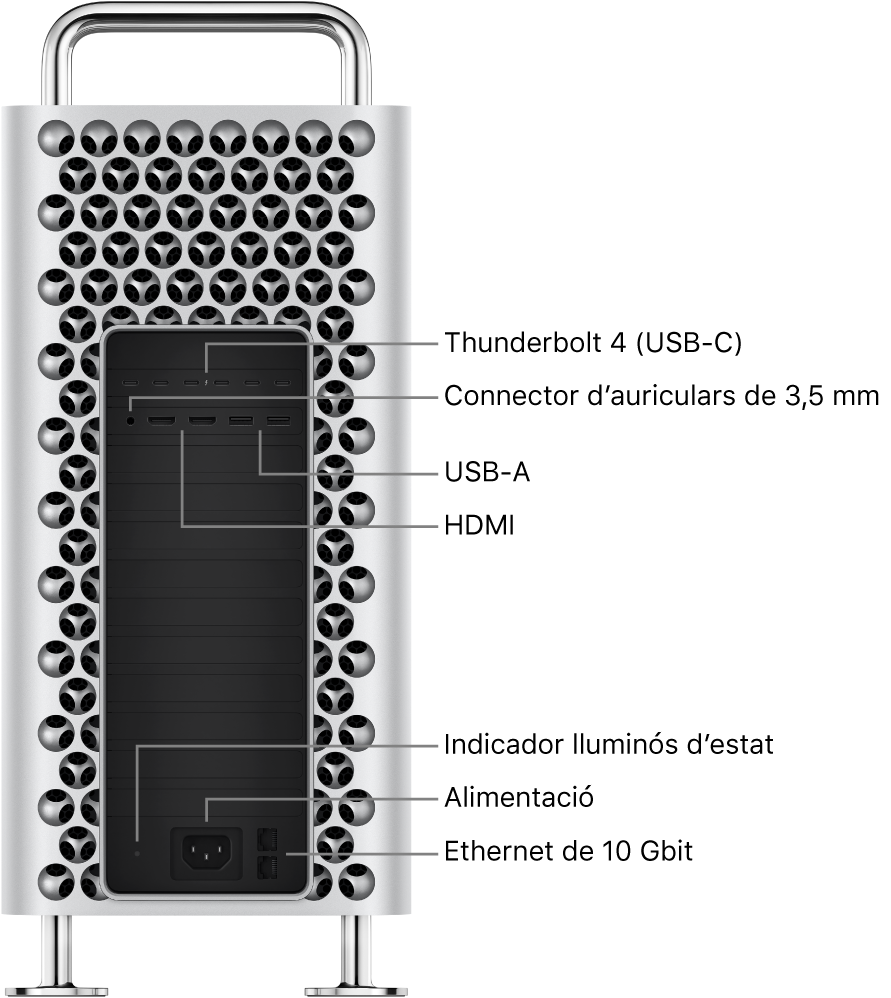 Vista lateral d’un Mac Pro en què es veuen els sis ports Thunderbolt 4 (USB-C), el connector d’auriculars de 3,5 mm, dos ports USB‑A, dos ports HDMI, l’indicador lluminós d’estat, el port d’alimentació i dos ports 10 Gbit Ethernet.