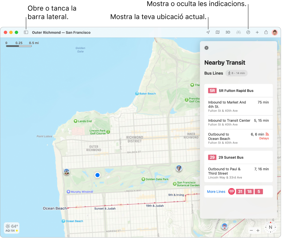 Una finestra de l’app Mapes mostrant com s’obté una ruta fent clic a una destinació a la barra lateral, com obrir i tancar la barra lateral i com buscar la teva ubicació actual al mapa.