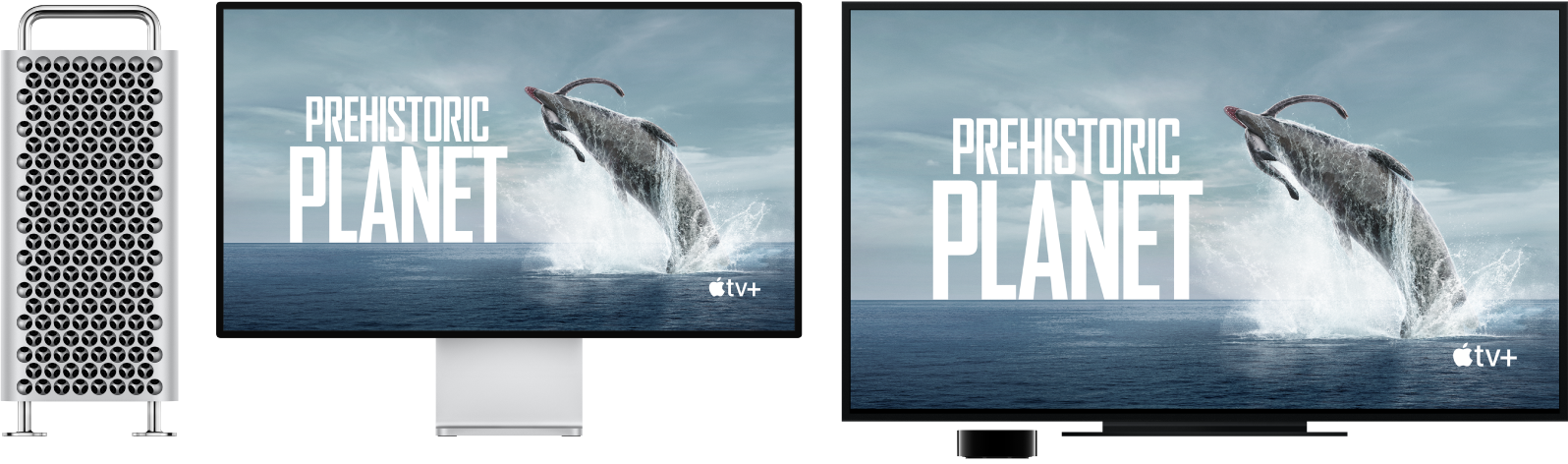 Un Mac Pro amb el seu contingut duplicat a un televisor d’alta definició gran per mitjà d’un Apple TV.