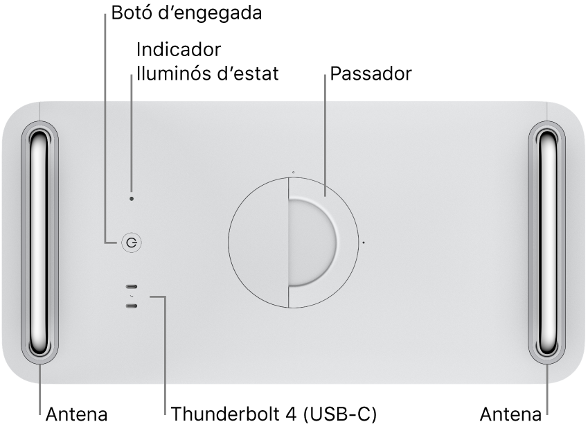 Part superior del Mac Pro, en què es veuen el botó d’engegada, l’indicador lluminós d’estat, dos ports Thunderbolt 4 (USB-C) i dues antenes, una a l’esquerra i una altra a la dreta.