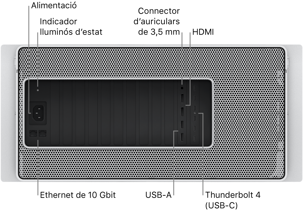 Vista posterior d’un Mac Pro en què es veuen el port d’alimentació, l’indicador lluminós d’estat, un connector d’auriculars de 3,5 mm, dos ports HDMI, sis ports Thunderbolt 4 (USB-C), dos ports USB‑A i dos ports 10 Gigabit Ethernet.