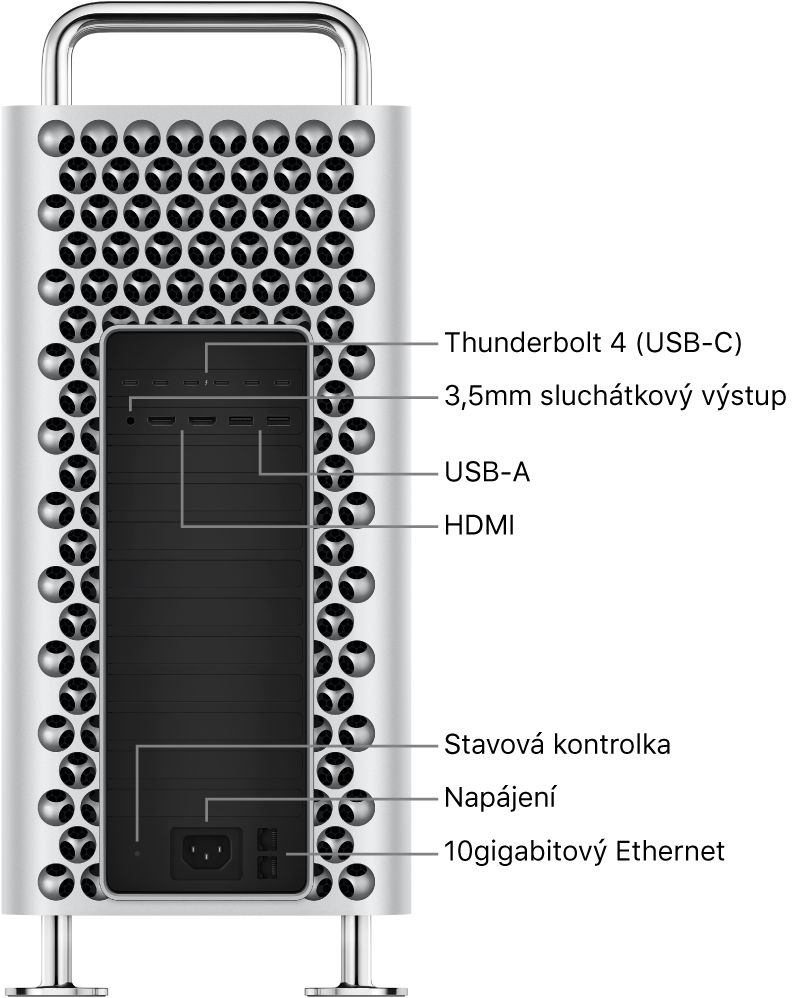 Boční pohled na Mac Pro se šesti porty Thunderbolt 4 (USB‑C), 3,5mm sluchátkovou zdířkou, dvěma USB‑A porty, dvěma HDMI porty, stavovou kontrolkou, napájecím konektorem a dvěma porty 10Gbitového Ethernetu