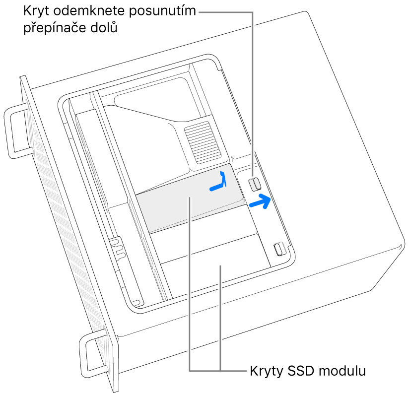 Odjištění krytu SSD modulu přesunutím západky doprava