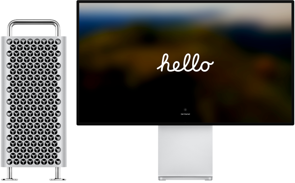 Mac Pro a monitor Pro Display XDR vedle sebe; na monitoru je vidět slovo „hello“