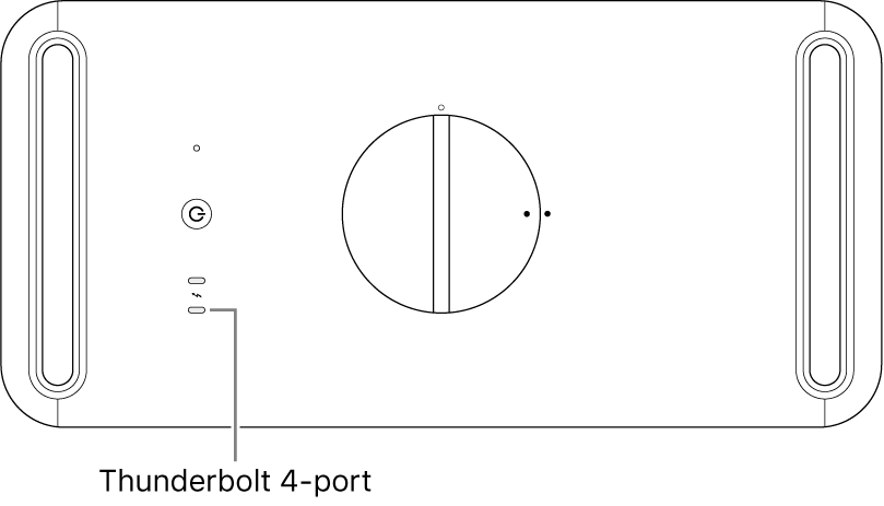 Oversiden af Mac Pro med en billedforklaring af, hvilken Thunderbolt 4-port der skal bruges.
