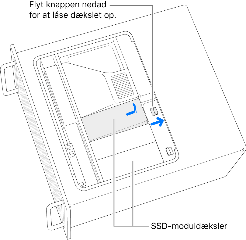 Kontakten skubbes til højre for at låse SSD-dækslet op.