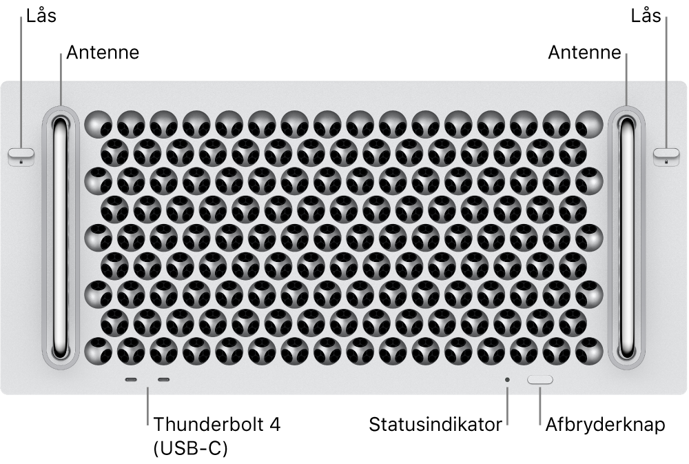 Mac Pro set forfra med illustration af to låse, to antenner, afbryderknappen, statusindikatoren og to Thunderbolt 4-porte (USB-C).