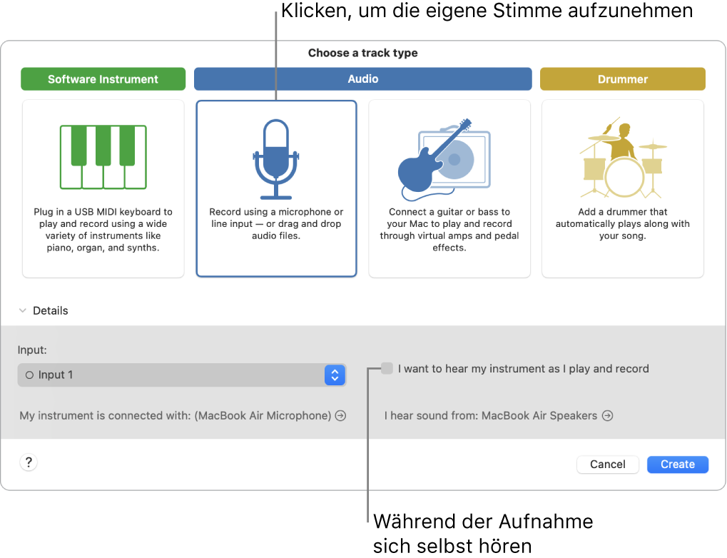 GarageBand-Instrumentbereich mit Taste zur Stimmaufzeichnung und Wiedergabe während der Aufnahme