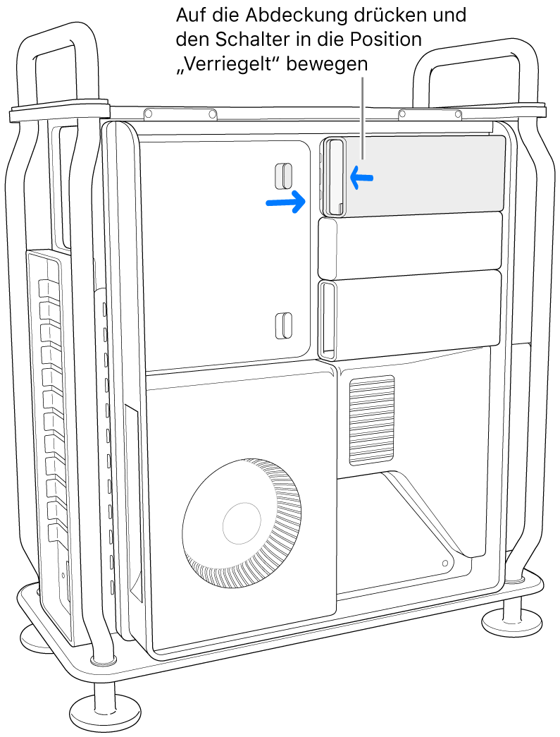 Zur Wiederanbringung der SSD-Abdeckungen wird der Sperrriegel nach rechts bewegt und die SSD-Abdeckung niedergedrückt.
