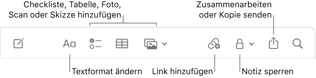 Die Symbolleiste der App „Notizen“ mit Legenden zu den Tools für Checklisten, Tabellen, Links, Fotos/Medien, Schutz, Teilen und Senden einer Kopie.