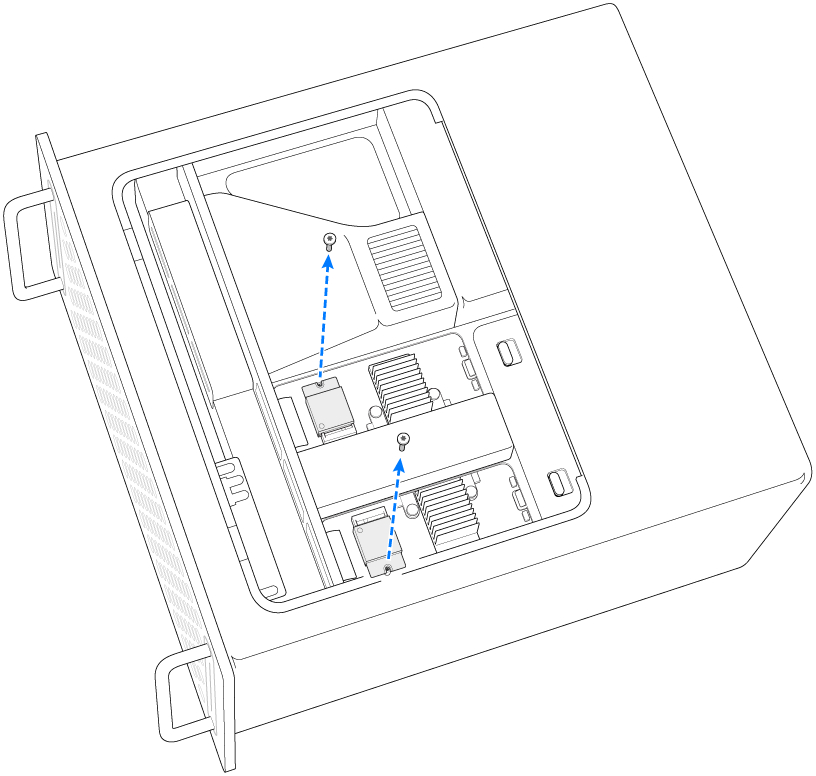 Zwei Schrauben werden von den SSD-Modulen entfernt.