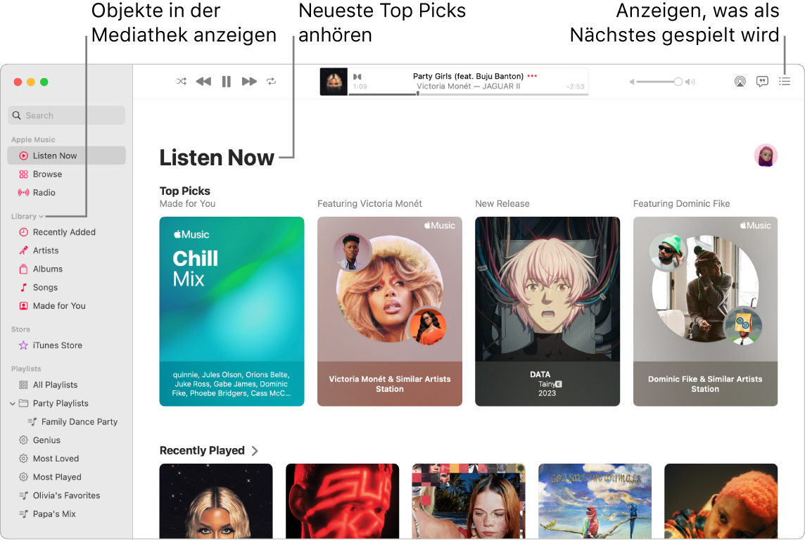 Ein Fenster der App „Musik“ mit Informationen zum Anzeigen deiner Mediathek, Anhören von Apple Music und Anzeigen des nächsten Titels