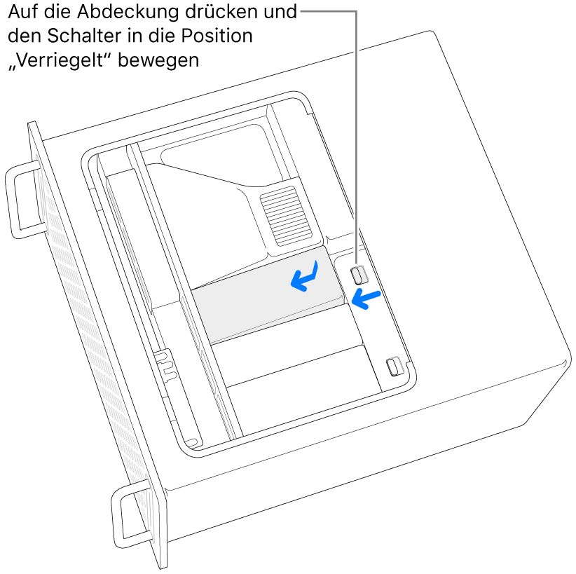 Zur Wiederanbringung der SSD-Abdeckungen wird der Sperrriegel nach links bewegt und die SSD-Abdeckung niedergedrückt.