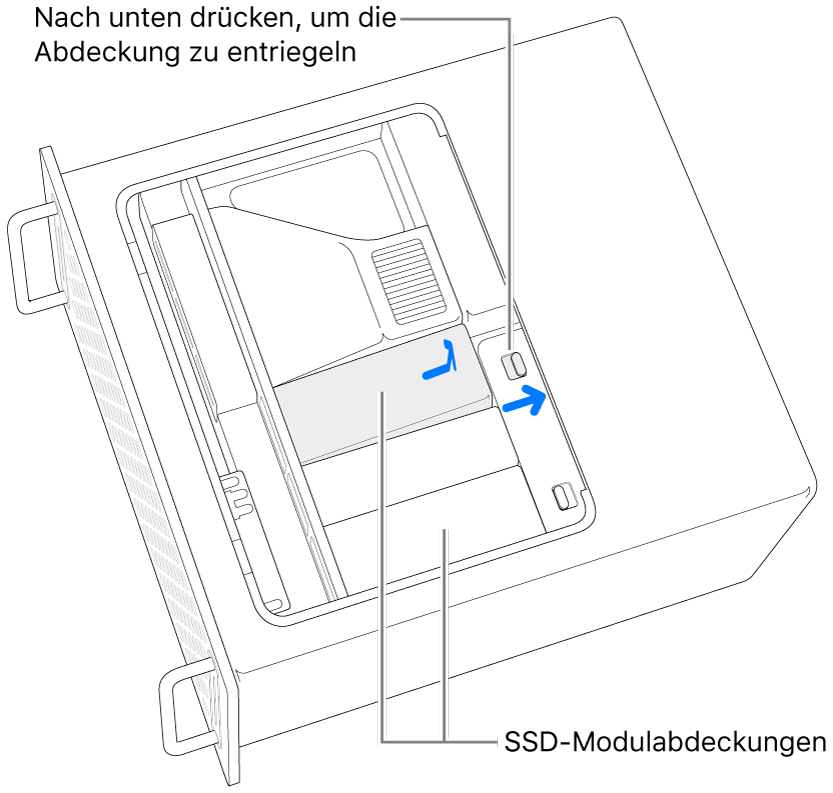 Der Schalter wird nach rechts bewegt, um die SSD-Abdeckung zu entsperren.