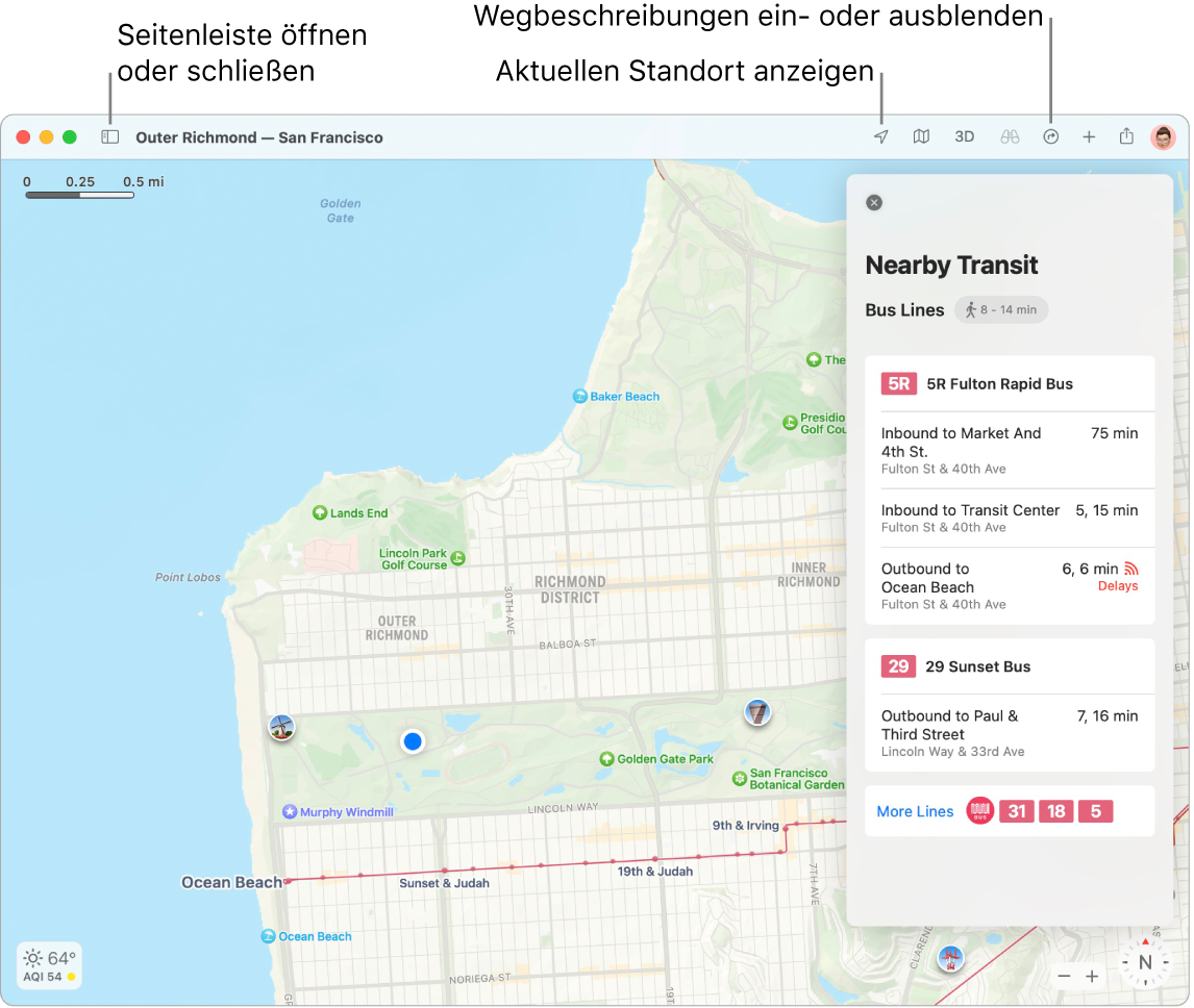Ein Fenster der App „Karten“ mit Informationen zum Anzeigen von Routen durch Klicken auf ein Ziel in der Seitenleiste, zum Öffnen und Schließen der Seitenleiste und Bestimmen deines aktuellen Standorts auf der Karte.