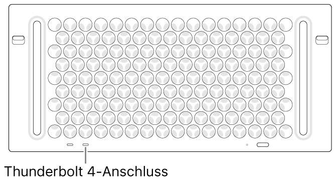 Die Oberseite des Mac Pro mit dem richtigen, zu verwendenden Thunderbolt 4-Anschluss.