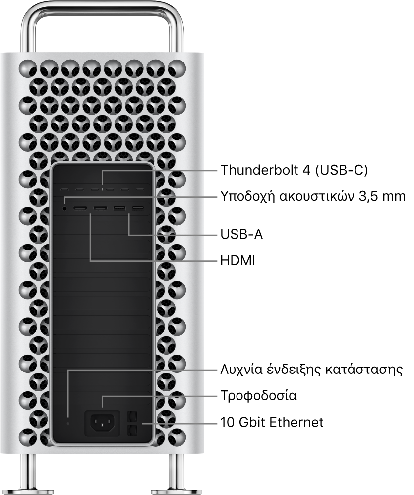 Μια πλαϊνή προβολή του Mac Pro, όπου φαίνονται έξι θύρες Thunderbolt 4 (USB-C), η υποδοχή ακουστικών 3,5 χλστ., δύο θύρες USB-A, δύο θύρες HDMI, μια ενδεικτική λυχνία κατάστασης, μια θύρα τροφοδοσίας και δύο θύρες Ethernet 10 Gigabit.