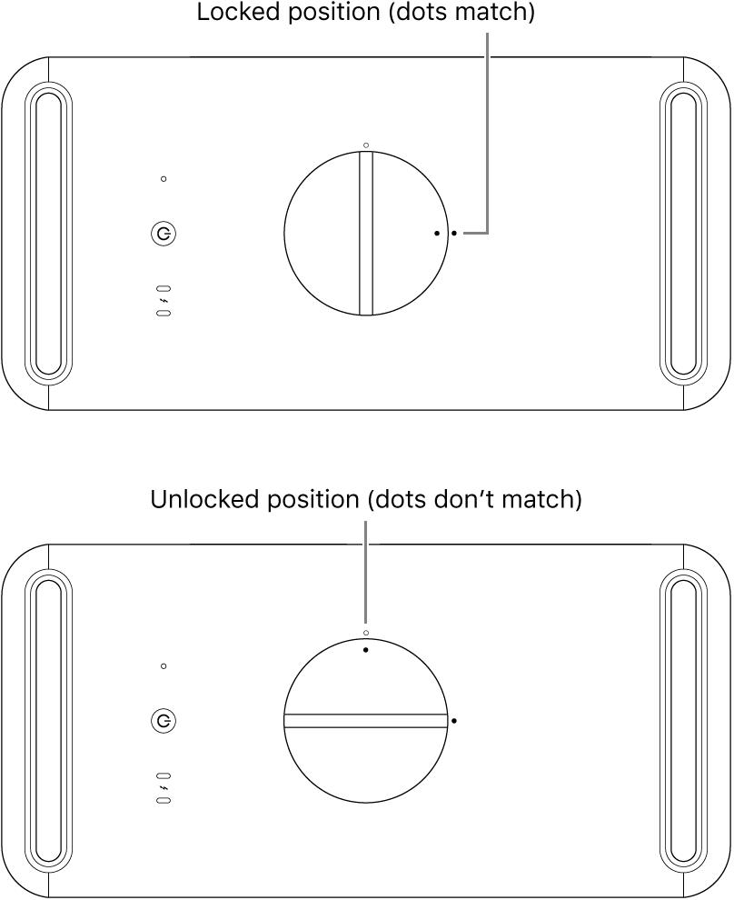 Top of the computer’s housing showing the latch in the locked and unlocked position.