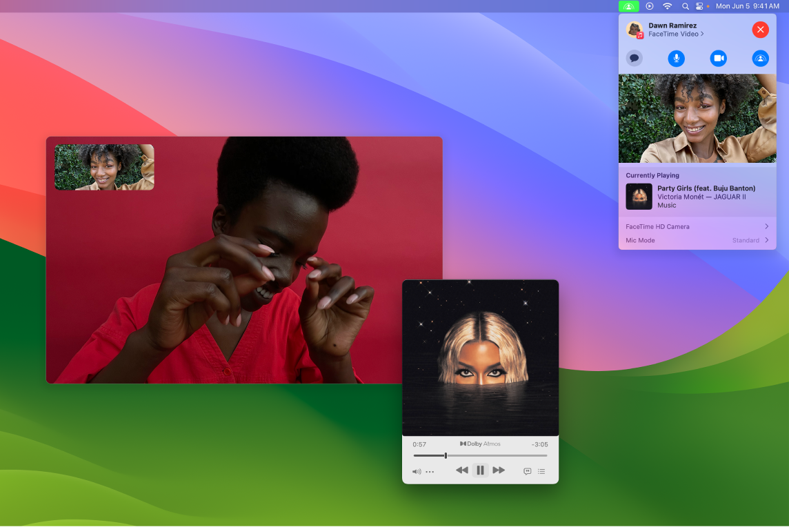 The FaceTime window showing a call with the participants using SharePlay to listen to an album together.