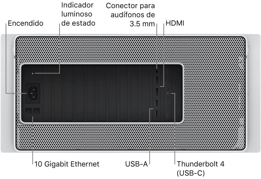 La vista trasera de la Mac Pro mostrando el puerto de corriente, un indicador luminoso de estado, un conector para audífonos de 3.5 mm, dos puertos HDMI, seis puertos Thunderbolt 4 (USB-C), dos puertos USB-A y dos puertos 10 Gigabit Ethernet.