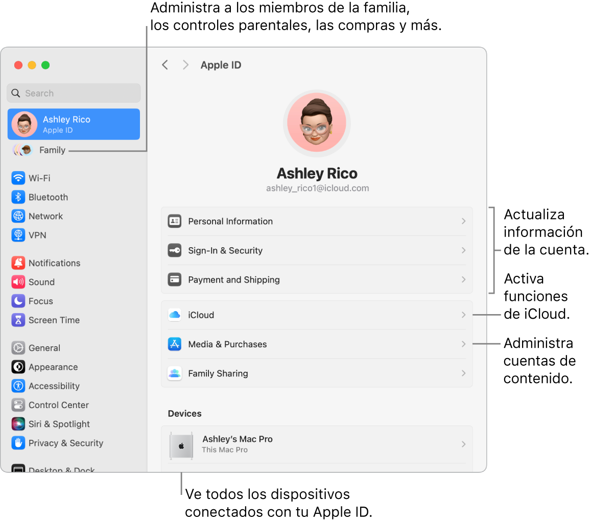 El panel Apple ID en Configuración del Sistema con textos para actualizar la información de la cuenta, activar o desactivar funciones de iCloud, administrar cuentas de contenido, y la sección Familia, donde puedes administrar familiares, controles parentales, compras y más.