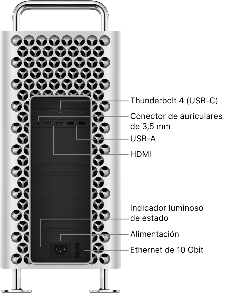 Vista lateral del Mac Pro con sus seis puertos Thunderbolt 4 (USB-C), la toma de auriculares de 3,5 mm, dos puertos USB-A, dos puertos HDMI, un indicador luminoso de estado, un puerto de alimentación y dos puertos Ethernet 10 Gigabit.