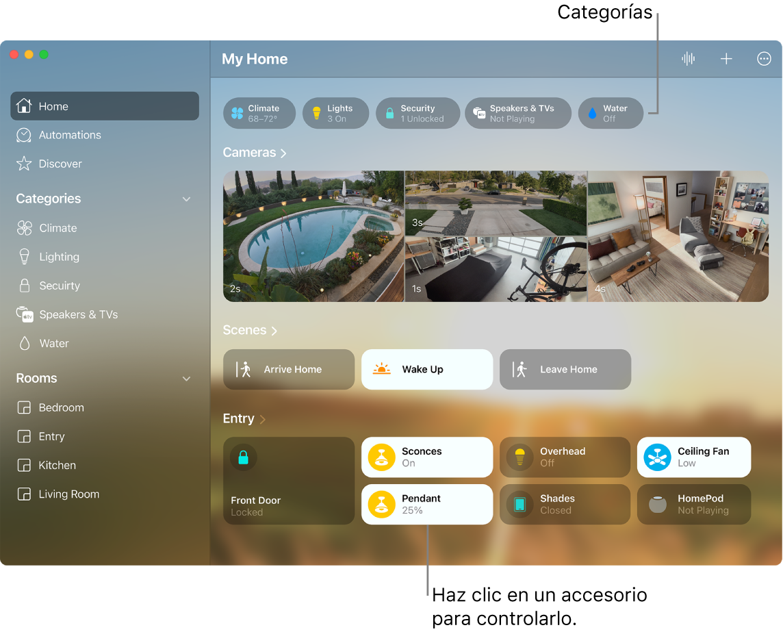 La app Casa con las categorías y los ambientes y accesorios favoritos del usuario.