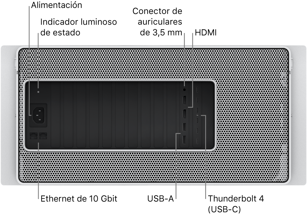 La vista trasera del Mac Pro, con el puerto de alimentación, un indicador luminoso de estado, una toma de auriculares de 3,5 mm, dos puertos HDMI, seis puertos Thunderbolt 4 (USB-C), dos puertos USB-A y dos puertos Ethernet Gigabit 10.