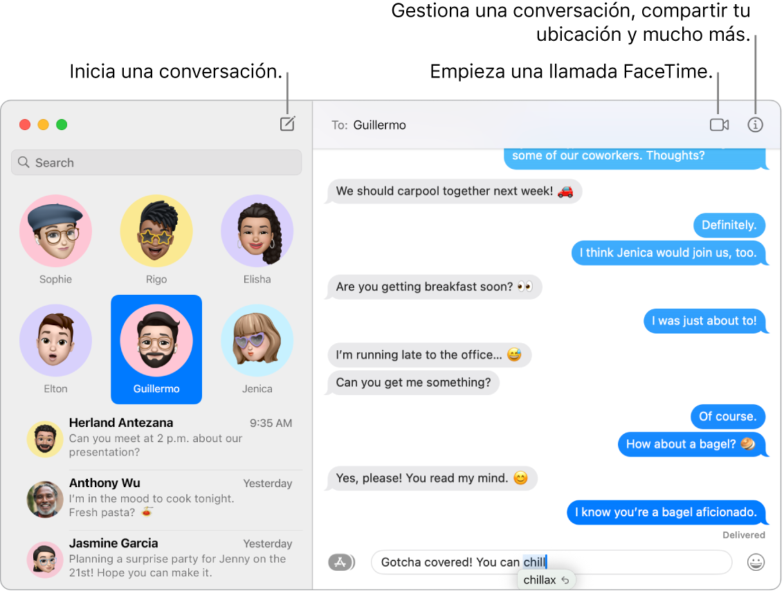 Una ventana de Mensajes donde se muestra cómo iniciar una conversación y cómo iniciar una llamada de FaceTime.
