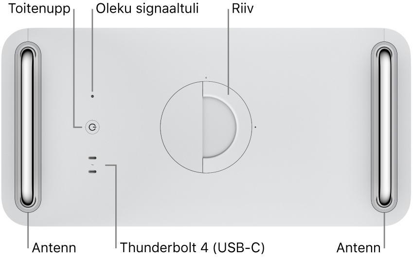 Mac Pro ülaosas on Power-nupp, oleku indikaatortuli, riiv, kaks Thunderbolt 4 (USB-C) porti ja kaks antenni (üks vasakul ja teine paremal).