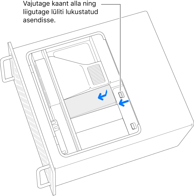 SSD-kaante tagasi paigaldamiseks liigutage lukulülitit vasakule ja vajutage SSD-kaant alla.